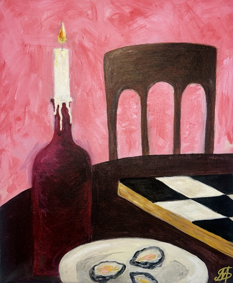 Aspèr : bouteille-bougeoir, chaise, damier et huîtres sur fond rose